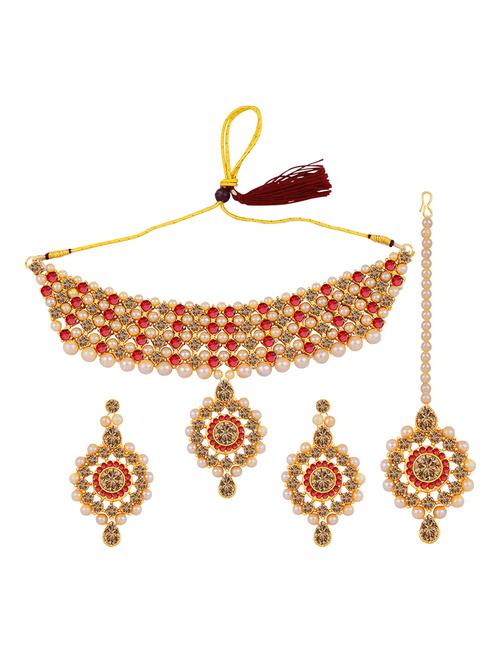 red stone studded brass choker necklaces with earring and maangtikka - 18033401 - Very Small Image - 1