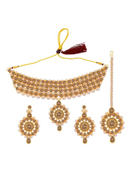 gold plated stone studded choker necklace with earring and maangtikka - 18033402 - Very Small Image - 1