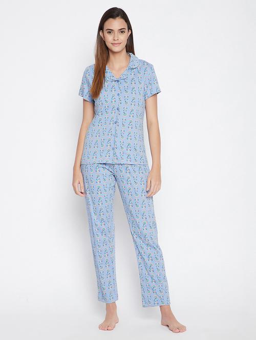 shirt collar printed nightwear pajama set  - 18035850 - Very Small Image - 1
