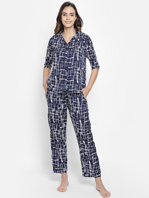 shirt collar printed nightwear pajama set - 18038132 - Very Small Image - 1