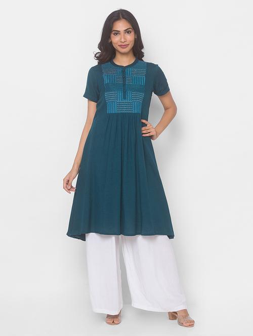 teal cotton aline kurta - 18039536 - Very Small Image - 1