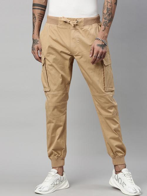 beige solid cargos casual trouser - 18039803 - Very Small Image - 1
