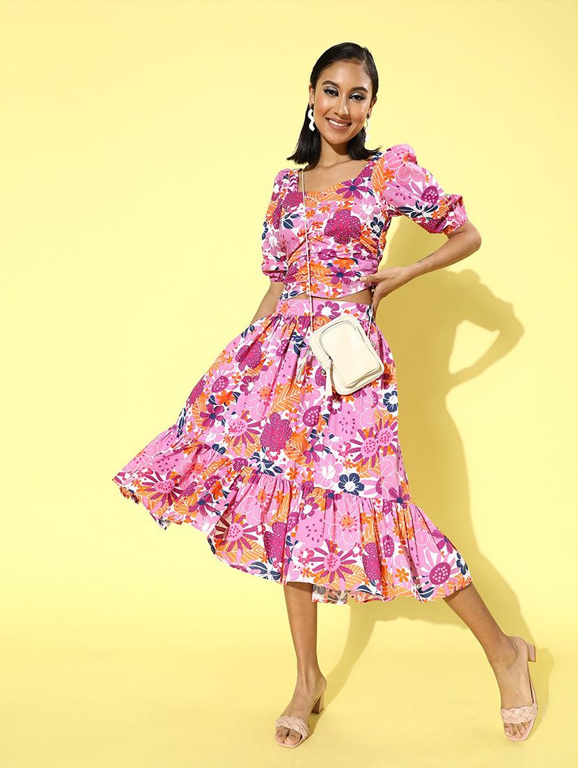 square neck floral top with flared skirt set - 18041371 - Standard Image - 2