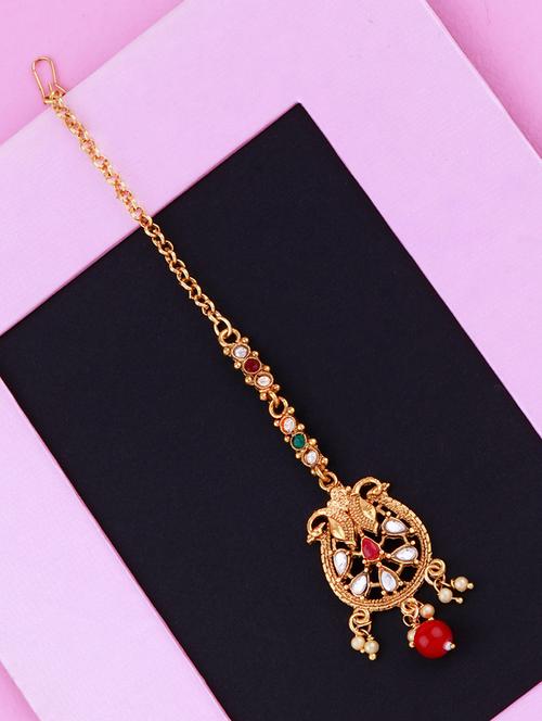gold plated traditional kundan style maang tikka - 18042314 - Very Small Image - 1
