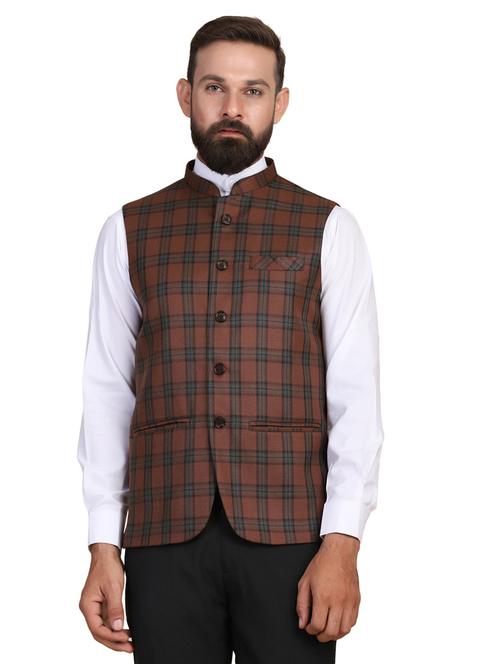 brown checkered nehru jacket - 18043067 - Very Small Image - 1