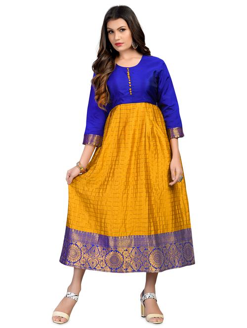 yellow silk fit & flared kurta - 18043685 - Very Small Image - 1
