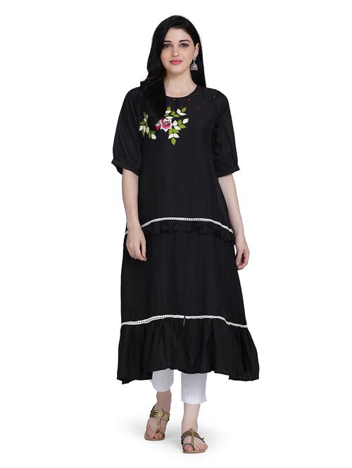 black color cotton a-line kurti - 18044556 - Very Small Image - 1