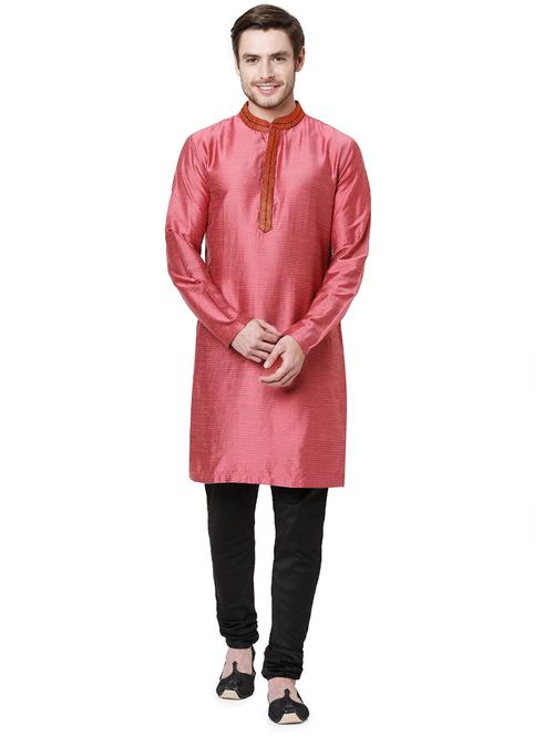 pink silk men's ethnic kurta - 18046462 - Very Small Image - 1