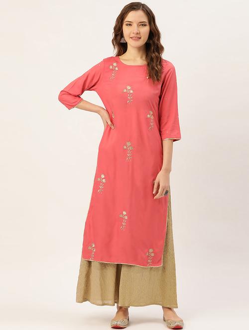 peach viscose straight kurta - 18046653 - Very Small Image - 1