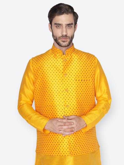 yellow printed nehru jacket - 18047012 - Very Small Image - 1