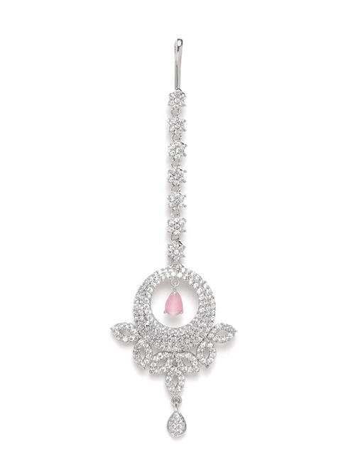 pink silver-plated cz stone-studded handcrafted maang teeka - 18048334 - Very Small Image - 1
