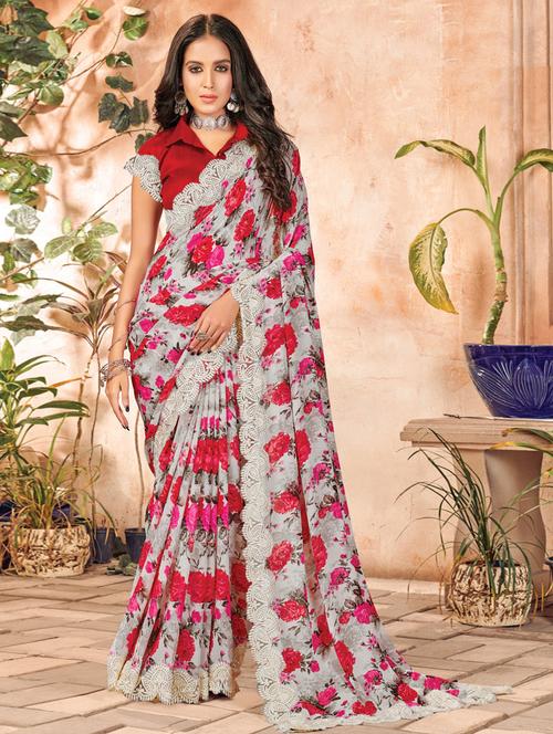 offwhite georgette printed saree with blouse - 18049491 - Very Small Image - 1