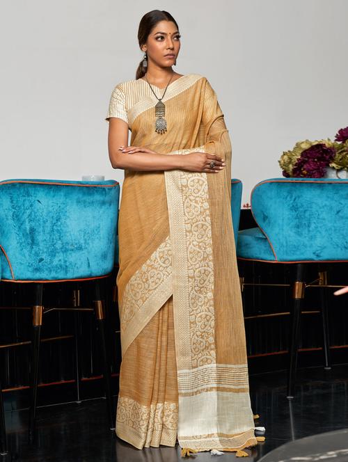 women's self design beige colored saree with blouse - 18049539 - Very Small Image - 1