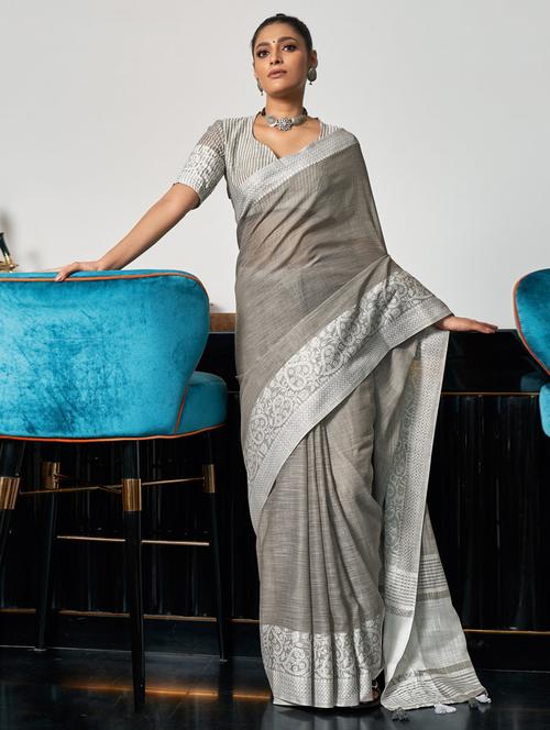women's self design grey colored saree with blouse - 18049540 - Very Small Image - 1