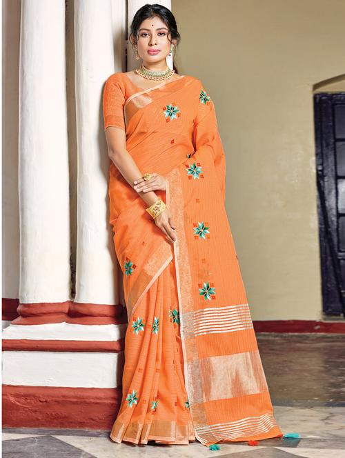 women's floral orange colored saree - 18049561 - Very Small Image - 1