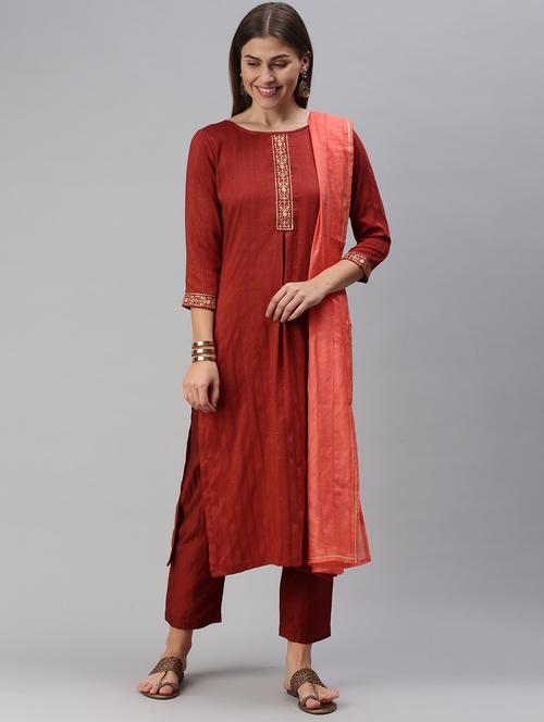 burgundy chiffon kurta pant  set - 18051631 - Very Small Image - 1