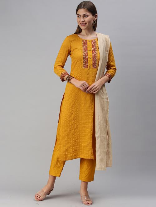 yellow chiffon kurta pant  set - 18051634 - Very Small Image - 1