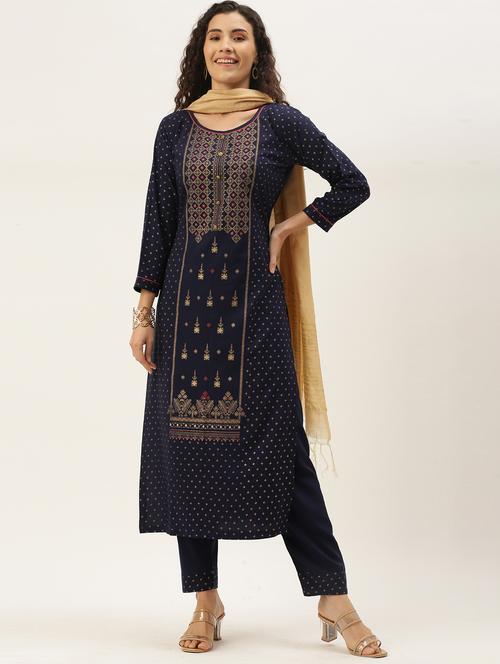 blue crepe kurta pant  set - 18051644 - Very Small Image - 1