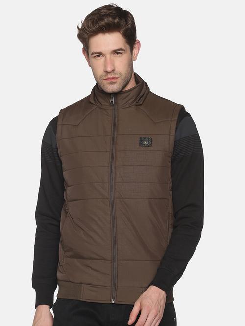 brown solid quilted jacket - 18052394 - Very Small Image - 1