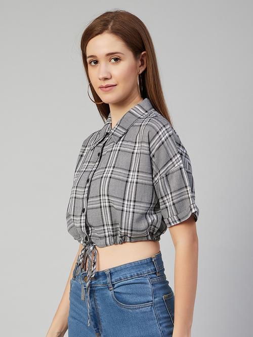 white checked  knotted crop shirt - 18052471 - Very Small Image - 1