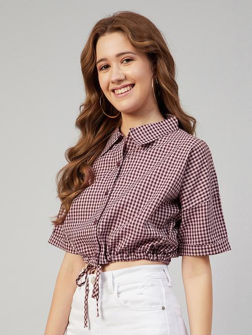 purple checked  knotted crop shirt - 18052472 - Very Small Image - 1