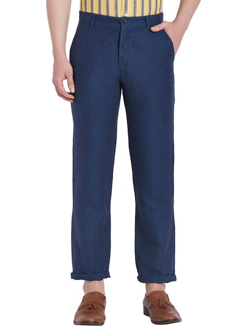 blue solid flat front casual trouser - 18054799 - Very Small Image - 1
