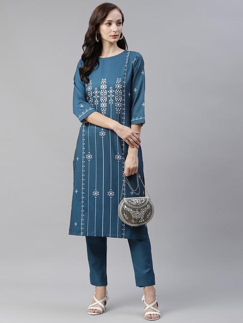teal rayon straight kurta - 18058021 - Very Small Image - 1