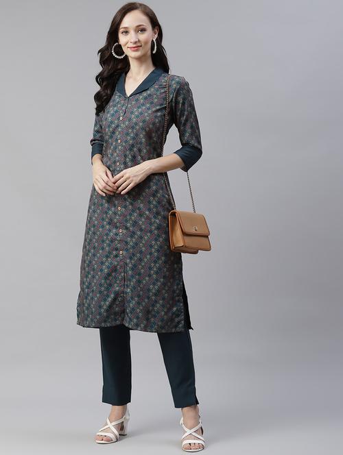 teal rayon straight kurta - 18058052 - Very Small Image - 1