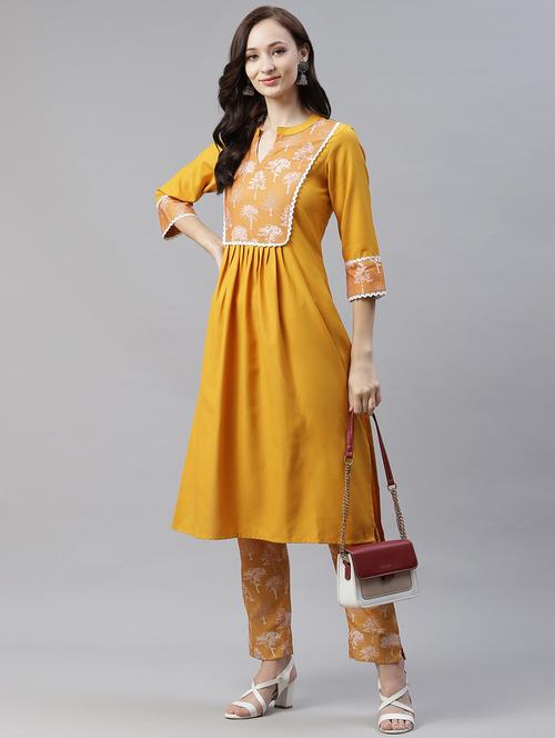 mustard rayon straight kurta - 18058059 - Very Small Image - 1