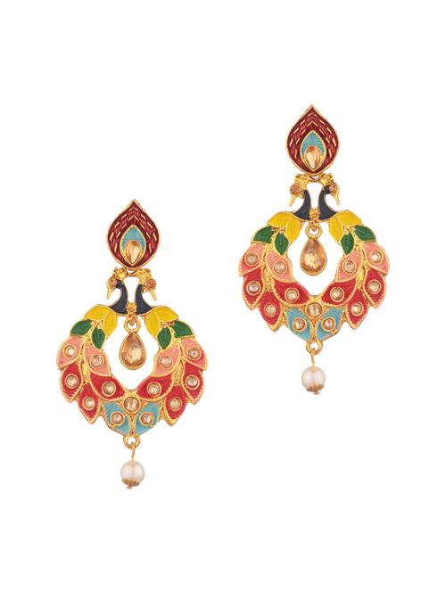 traditional peacock kundan drop dangle earrings set, multicolor - 18058550 - Very Small Image - 1