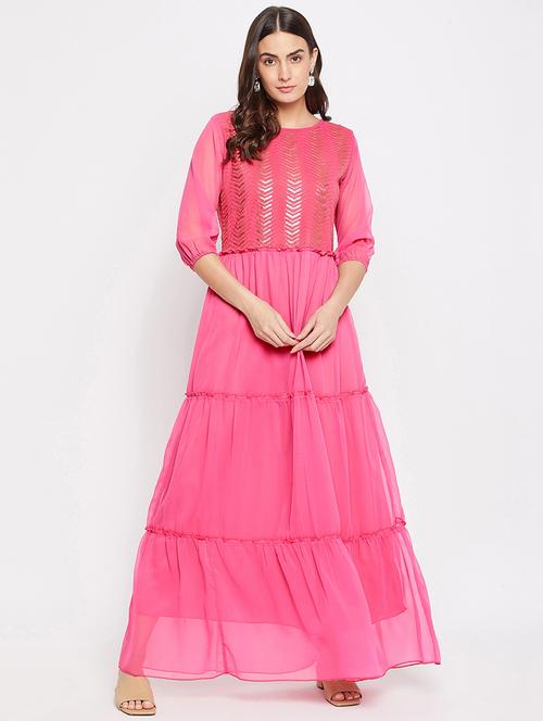 pink georgette fit & flare ethnic dress - 18060748 - Very Small Image - 1