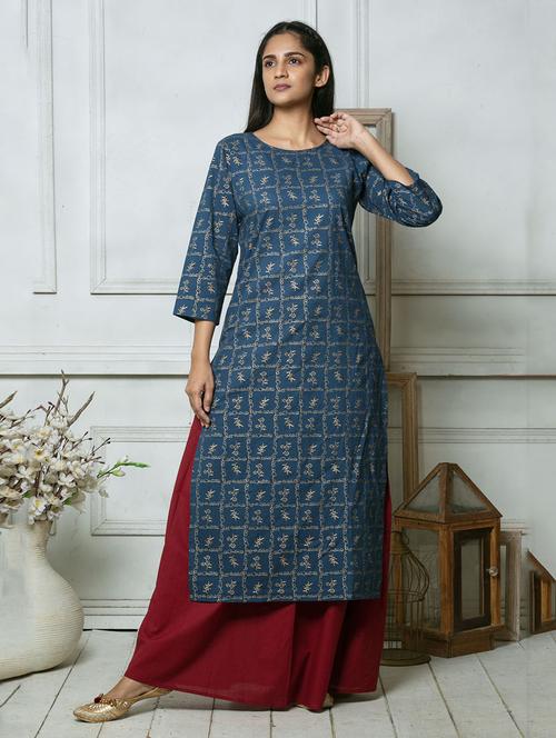 blue printed straight kurta and palazzo set - 18066050 - Very Small Image - 1
