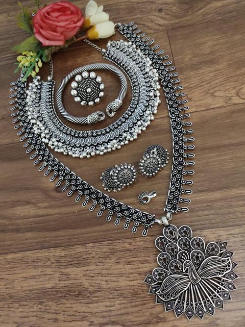 necklace set haram long with gumgru choker combo. exclusive premium quality oxidised long garman - 18066412 - Very Small Image - 1