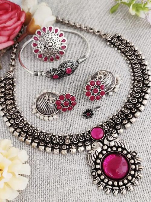 necklace combo with beautiful white pearl earrings, big size stone finger ring, nosepin and designer kada bracelet - 18066414 - Very Small Image - 1