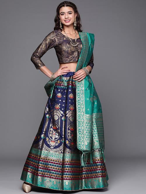 navy blue art silk flared lehenga - 18067185 - Very Small Image - 1