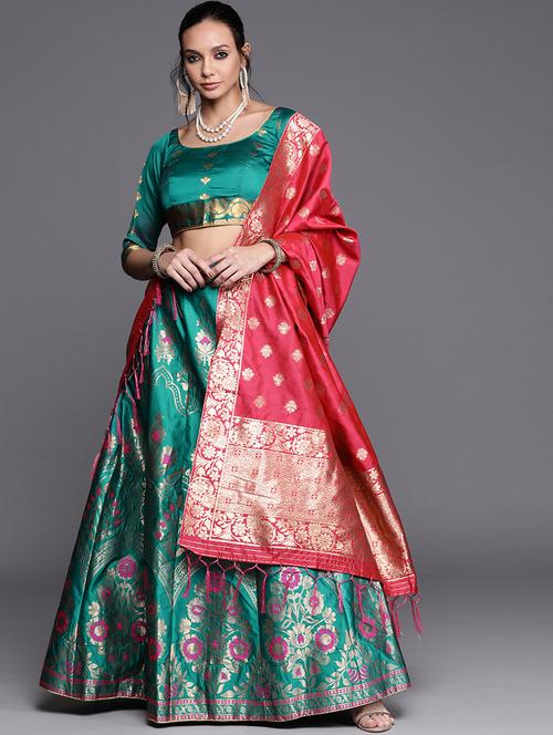 sea green art silk flared lehenga - 18067196 - Very Small Image - 1