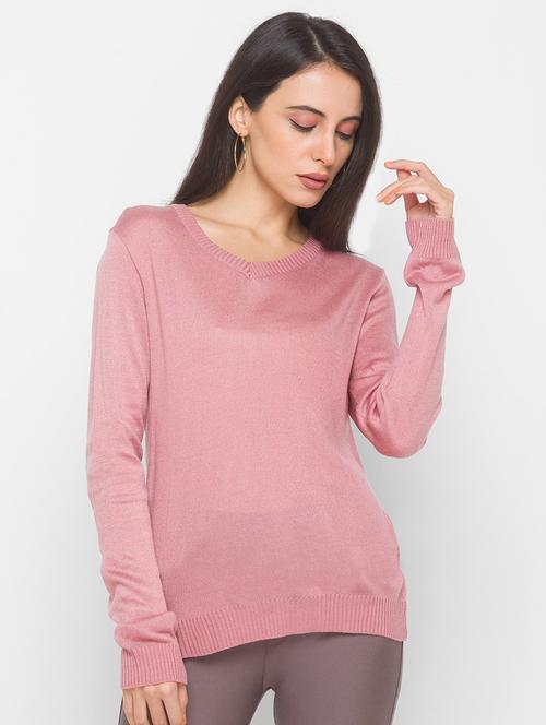 v-neck solid pink acrylic pullover - 18068274 - Very Small Image - 1