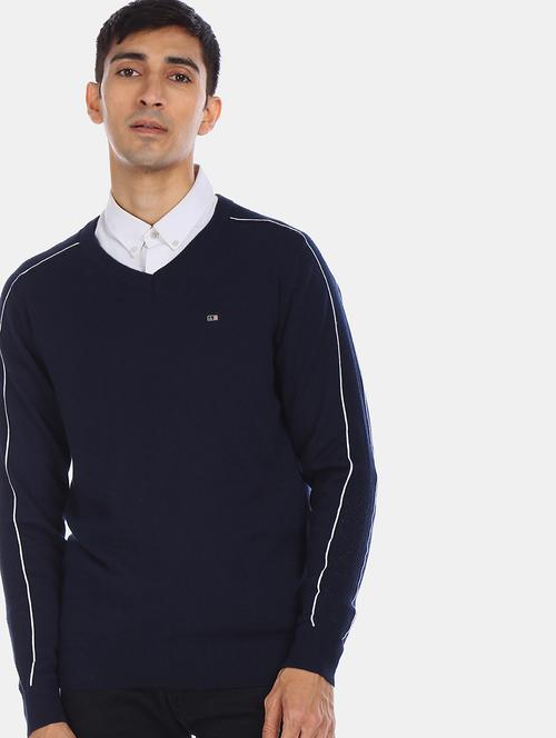 navy blue color v neck pullover - 18068502 - Very Small Image - 1