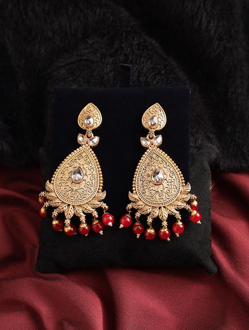 antique gold-toned color kundan-studded & beaded handcrafted dome shaped oval drop earrings - 18079685 - Very Small Image - 1