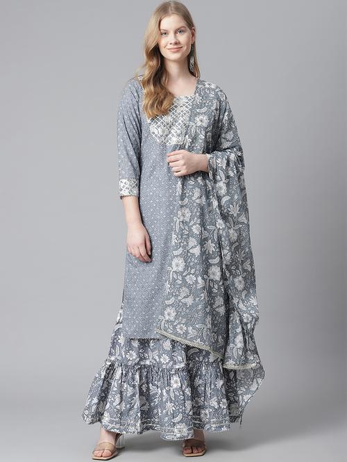 Grey Cotton Kurta Sharara Set - 18080088 - Very Small Image - 1