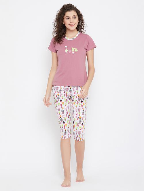round neck printed  nightwear capri set - 18080314 - Very Small Image - 1