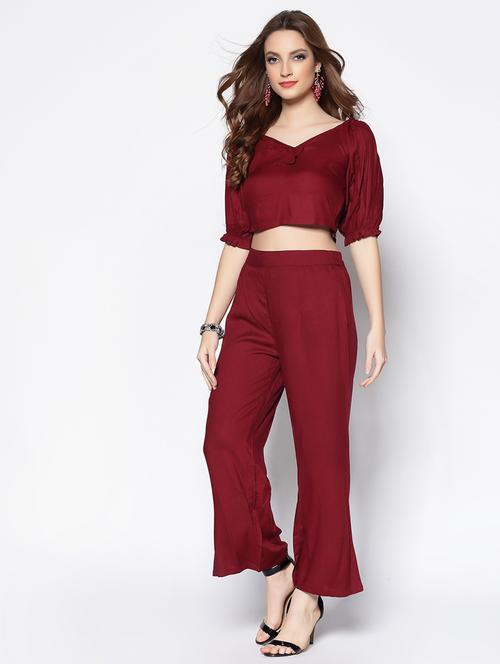 v-neck solid crop top & trouser set - 18081122 - Very Small Image - 1
