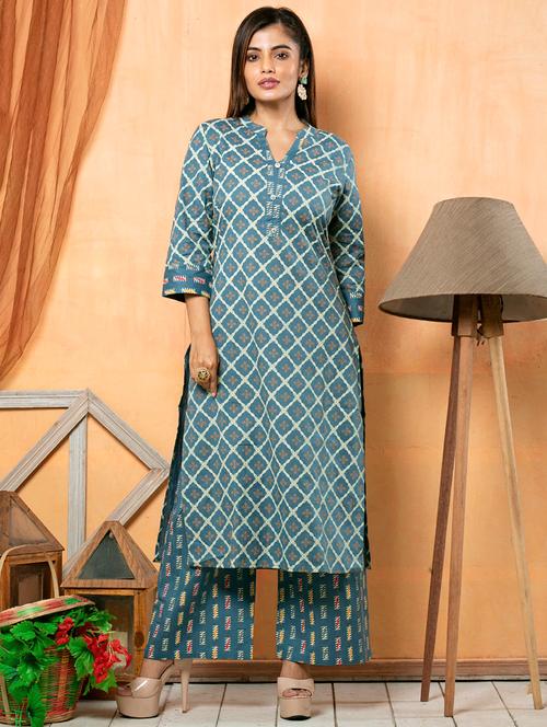 blue cotton straight kurta - 18106087 - Very Small Image - 1