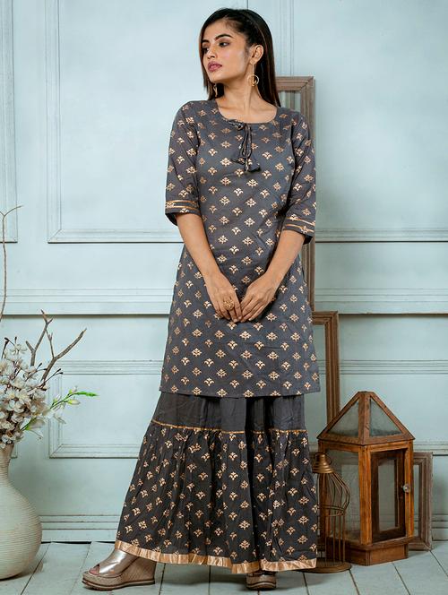 grey cotton straight kurta - 18106088 - Very Small Image - 1