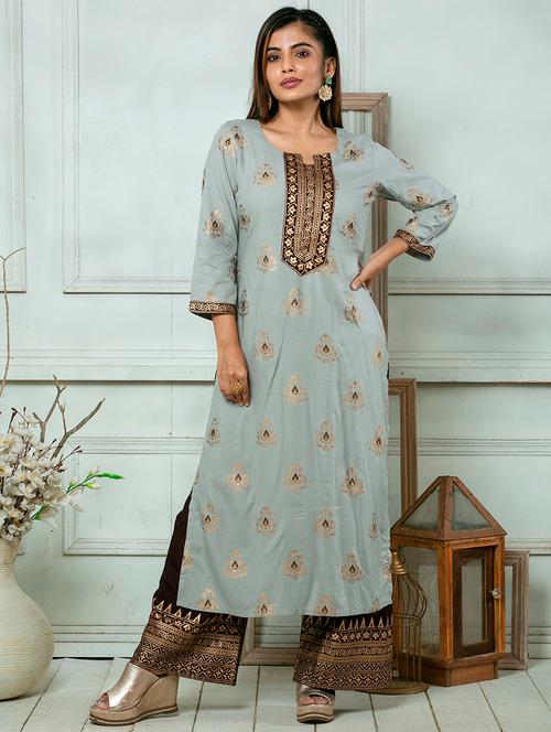 grey cotton straight kurta - 18106090 - Very Small Image - 1