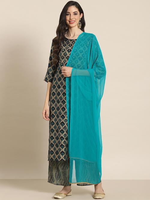 teal crepe kurta palazzo  set - 18107226 - Very Small Image - 1