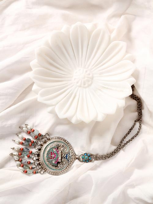 handcrafted silver necklace with kundan - 18107608 - Very Small Image - 1