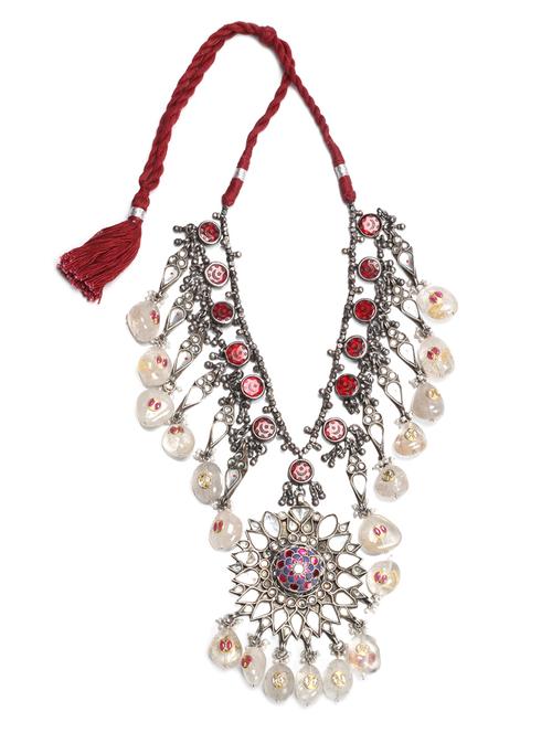 handcrafted silver necklace with kundan, blue and pink stone - 18107618 - Very Small Image - 1