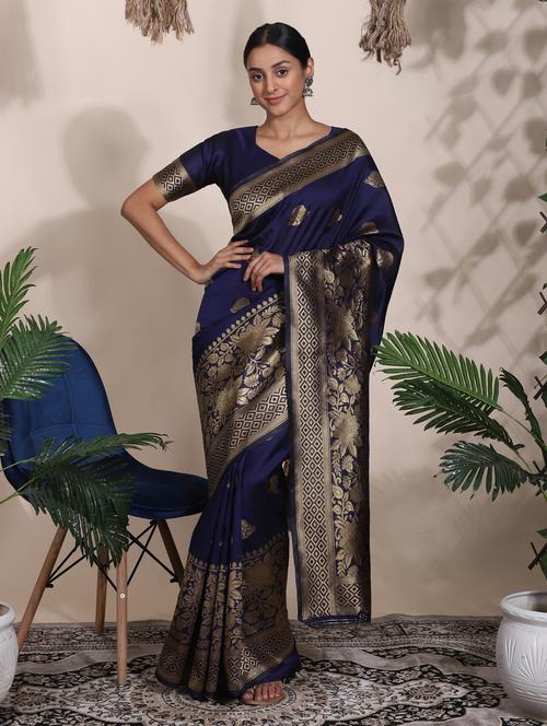 blue art silk banarasi saree with blouse - 18113778 - Very Small Image - 1