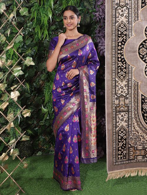 purple art silk banarasi saree with blouse - 18113785 - Very Small Image - 1